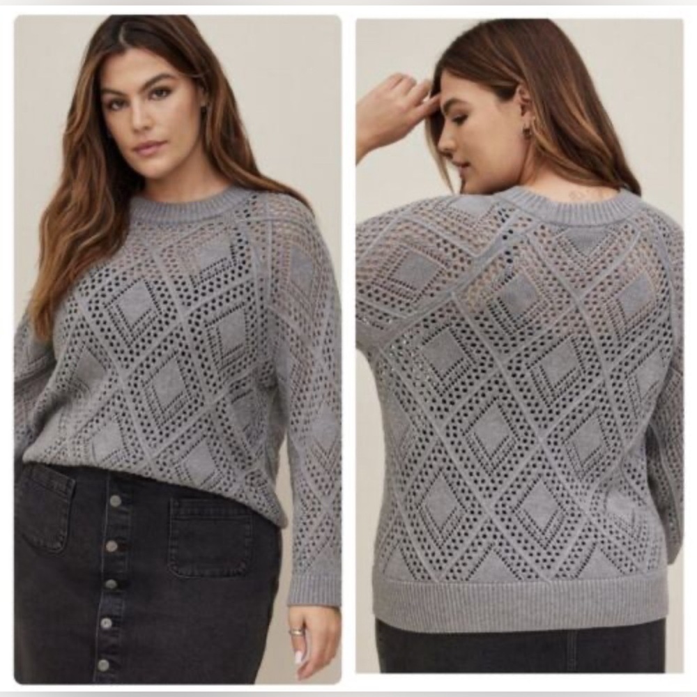 Torrid Pointelle Gray Crew Neck Flare Sleeve Pullover Sweater Sz 2 / 2X